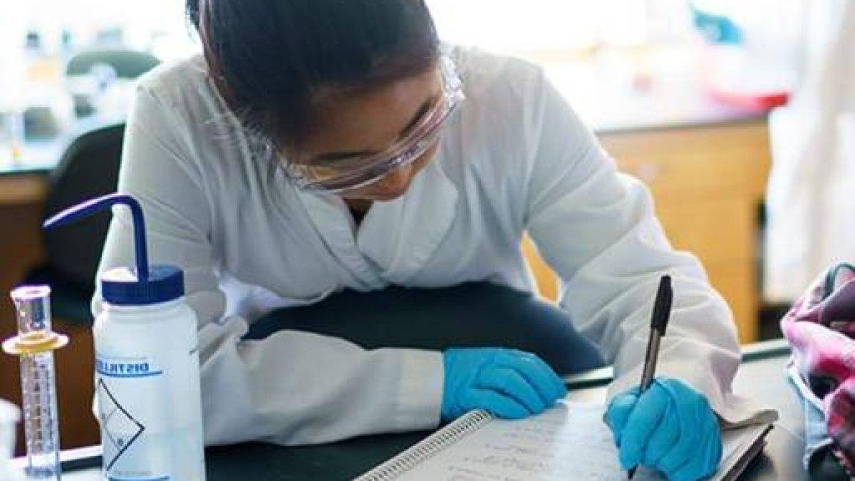 student in lab writing a report