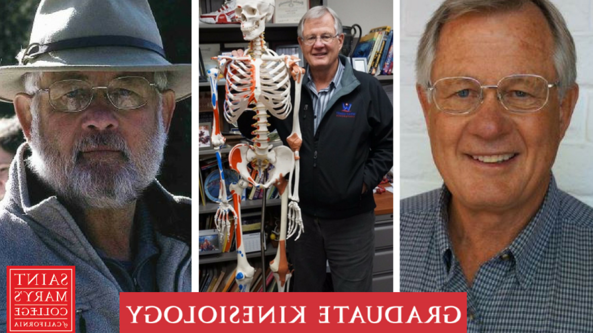 博士的三张照片. 克雷格·约翰逊:两张教员的个人资料照片(其中一张戴着印第安纳·琼斯式的帽子)，还有一张是他与运动机能系的骨骼模型的合影.
